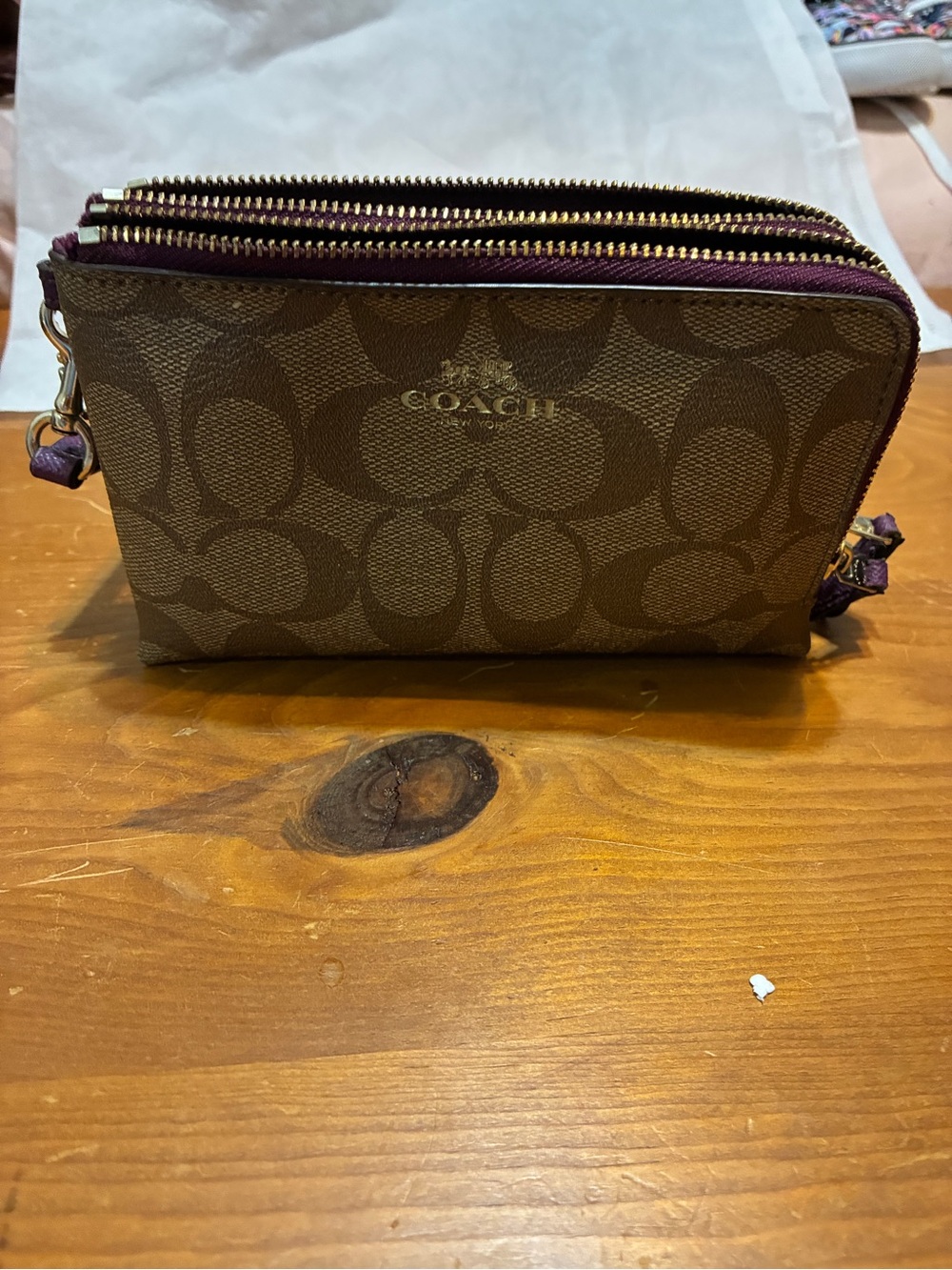 Coach Brown Signature Canvas Double Zip Wristlet with Plum Trim